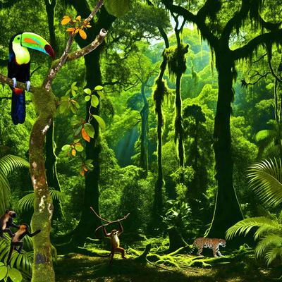 The image features a lush green forest with a variety of animals and plants. There are several birds perched on tree branches, including a parrot and a toucan. A monkey is also present in the scene, climbing a tree. In addition to the birds and monkey, there is a tiger walking through the forest, adding a sense of diversity to the scene. The overall atmosphere is vibrant and full of life, showcasing the beauty of the natural environment.
